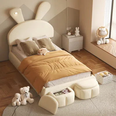 Streamdale Furniture Streamdale Twin Size Upholstered Platform Bed With Cartoon Ears Shaped Headboard And Light In Yellow