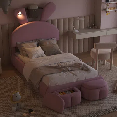Streamdale Furniture Streamdale Twin Size Upholstered Platform Bed With Cartoon Ears Shaped Headboard And Light In Pink