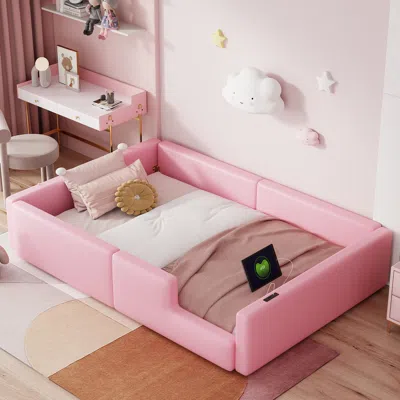 Streamdale Furniture Streamdale Twin Size Upholstered Platform Bed With Guardrail And Charging Station, Pink