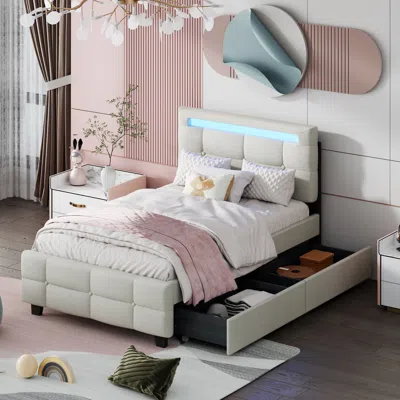 Streamdale Furniture Streamdale Twin Size Upholstered Platform Bed With Led Frame And 2 Drawers