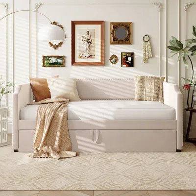 Streamdale Furniture Streamdale Twin Size Velvet Upholstered Daybed With Pop Up Trundle, Beige In Multi