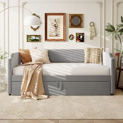 Streamdale Furniture Streamdale Twin Size Velvet Upholstered Daybed With Pop Up Trundle, Gray In Multi