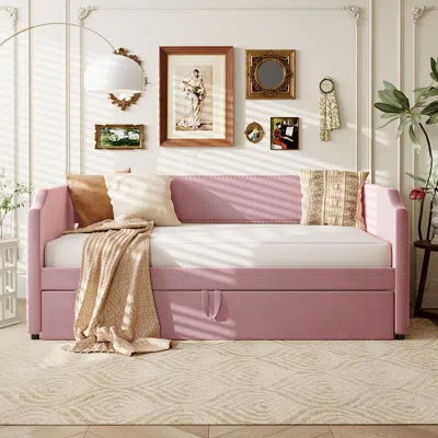 Streamdale Furniture Streamdale Twin Size Velvet Upholstered Daybed With Pop Up Trundle, Pink