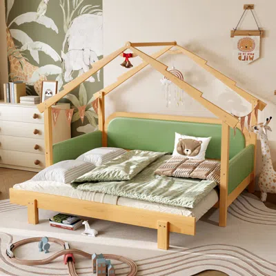 Streamdale Furniture Streamdale Twin Size Wood Treehouse Bed With Soft Cushion Rails, Green In Brown