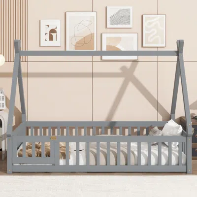Streamdale Furniture Streamdale Twin Tent-shaped Floor Bed,teepee Bed With Guardrails,slats And Door,grey In Gray