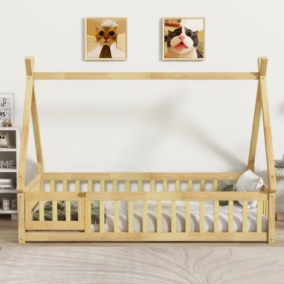 Streamdale Furniture Streamdale Twin Tent-shaped Floor Bed,teepee Bed With Guardrails,slats And Door,natural In Brown