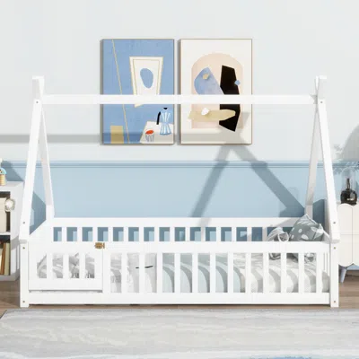 Streamdale Furniture Streamdale Twin Tent-shaped Floor Bed,teepee Bed With Guardrails,slats And Door,white