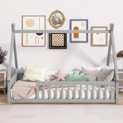 Streamdale Furniture Streamdale Twin Tent-shaped Floor Bed,teepee Bed With Guardrails,slats,grey In Gray
