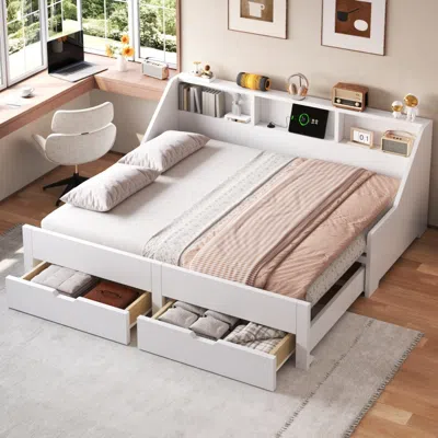Streamdale Furniture Streamdale Twin To King Daybed Frame With Storage Bookcases And Charging Station White