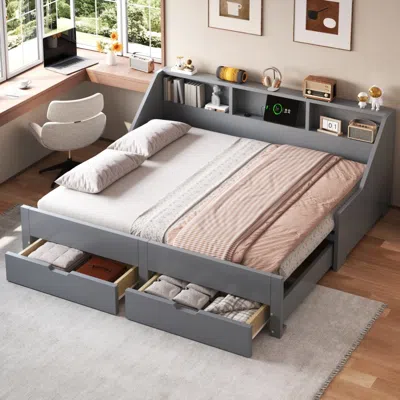 Streamdale Furniture Streamdale Twin To King Daybed Frame With Storage Drawers And Charging Station Gray