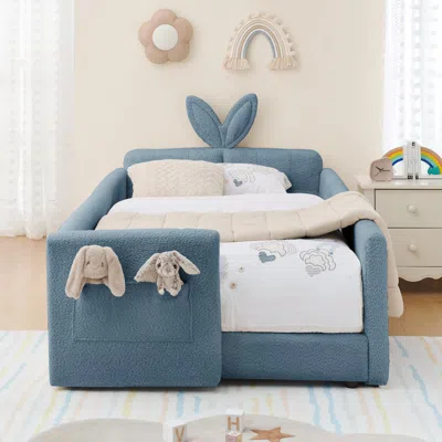 Streamdale Furniture Streamdale Twin Upholstered Bed: Rabbit Ears, Rail & Pocket, Boucle, Sky Blue