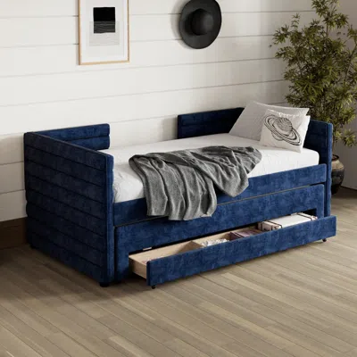 Streamdale Furniture Streamdale Twin Upholstered Daybed With Trundle & 3 Drawers, Chenille, Dark Blue