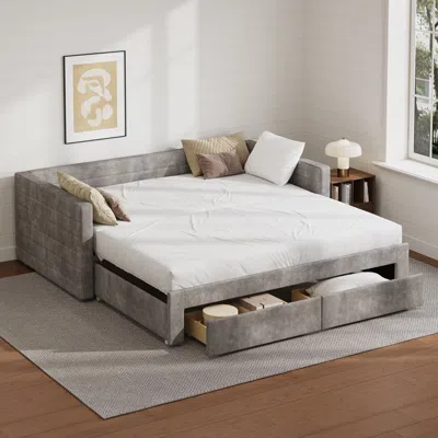 Streamdale Furniture Streamdale Twin Upholstered Daybed With Trundle, Extendable Twin To King, Beige In Gray