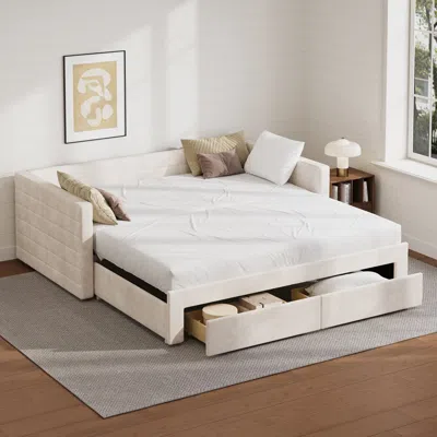 Streamdale Furniture Streamdale Twin Upholstered Daybed With Trundle, Extendable Twin To King, Beige In Neutral