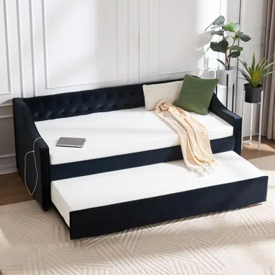 Streamdale Furniture Streamdale Twin Upholstered Daybed With Trundle, Usb, Pockets, Velvet, Button Tufted In Blue