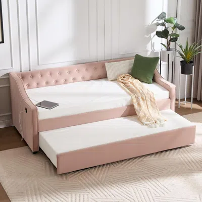 Streamdale Furniture Streamdale Twin Upholstered Daybed With Trundle, Usb, Pockets, Velvet, Button Tufted