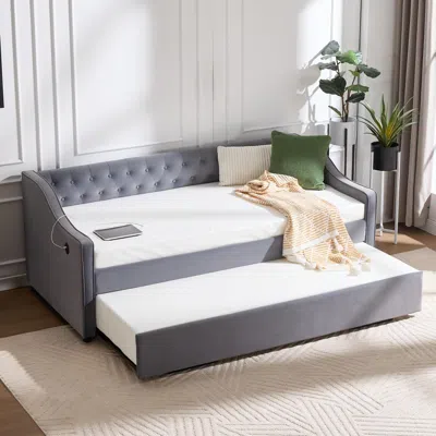 Streamdale Furniture Streamdale Twin Upholstered Daybed With Trundle, Usb, Pockets, Velvet, Button Tufted In Gray