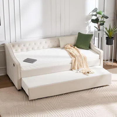 Streamdale Furniture Streamdale Twin Upholstered Daybed With Trundle, Usb, Pockets, Velvet, Button Tufted In Neutral