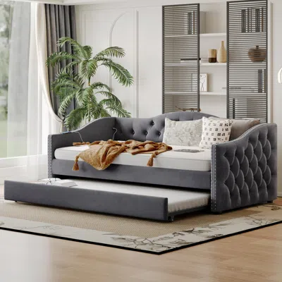 Streamdale Furniture Streamdale Twin Upholstered Daybed With Trundle, Usb, Velvet, Gray