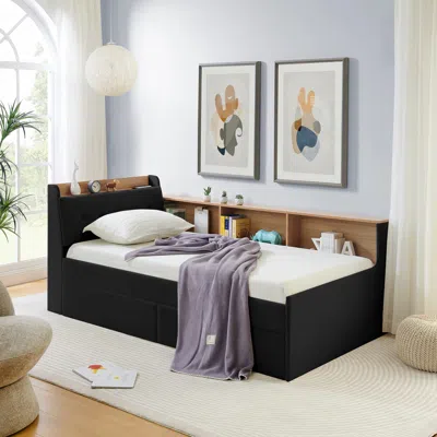 Streamdale Furniture Streamdale Twin Velvet Daybed: Storage Headboard, Wireless Charging, Led, Black