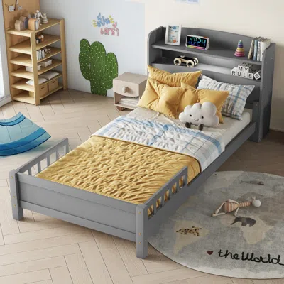 Streamdale Furniture Streamdale Twin Wood Bed With Bookcase, Led, Guardrails - Grey