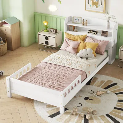 Streamdale Furniture Streamdale Twin Wood Bed With Bookcase, Led, Guardrails - White