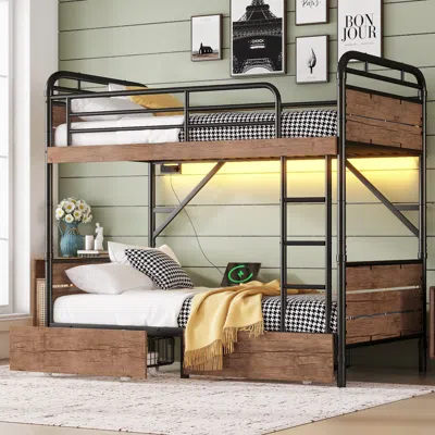 Streamdale Furniture Streamdale Twin Xl Metal Bunk Bed W/ Led, Charge & Drawers - Black