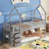 Streamdale Furniture Streamdale Twin/twin House Bunk Bed With Shelves And Drawers For Grey Color