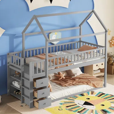 Streamdale Furniture Streamdale Twin/twin House Bunk Bed With Shelves And Drawers For Grey Color