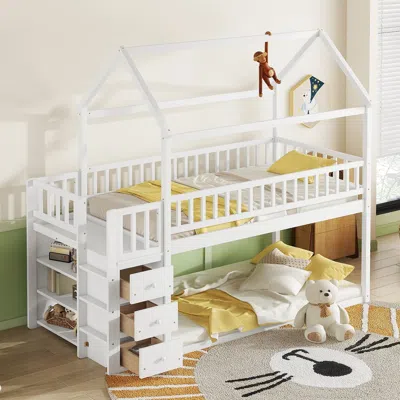 Streamdale Furniture Streamdale Twin/twin House Bunk Bed With Shelves And Drawers For White Color