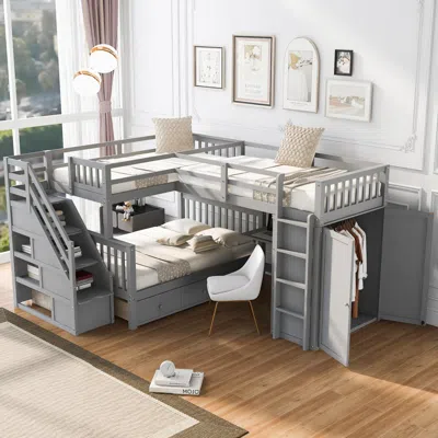 Streamdale Furniture Streamdale Twin/twin/full L-shaped Bunk Bed W/ Desk, Wardrobe & Drawers