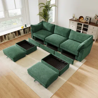 Streamdale Furniture Streamdale U Shape 3 Seater Sofa With Ottomans, Storage, Chenille Green