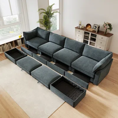 Streamdale Furniture Streamdale U Shape 4 Seater Sofa With Ottomans & Storage - Chenille Gary In Black