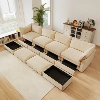 Streamdale Furniture Streamdale U Shape Sectional Sofa With Ottomans & Storage - Chenille Wheat In Nude