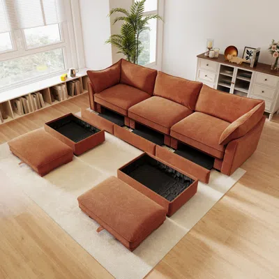 Streamdale Furniture Streamdale U Shape Sofa W/ Ottomans & Storage - Chenille Orange