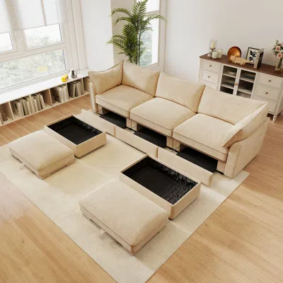 Streamdale Furniture Streamdale U-shaped 3-seater Sofa W/ Footstools & Storage - Chenille Wheat In Brown