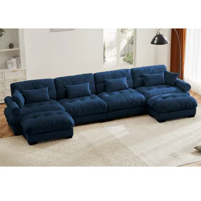 Streamdale Furniture Streamdale U Shaped Sectional Cloud Couch, Movable Ottomans, Velvet, Blue