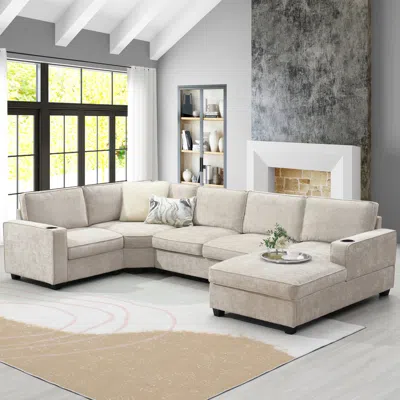 Streamdale Furniture Streamdale U-shaped Sectional Sofa, 6 Seat Chenille Corner Couch With Cup Holders & Chaise