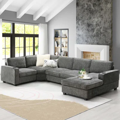 Streamdale Furniture Streamdale U-shaped Sectional Sofa, 6 Seat Chenille Corner Couch With Cup Holders & Chaise