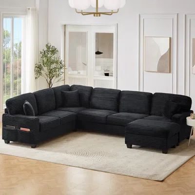 Streamdale Furniture Streamdale U-shaped Sectional Sofa With Ottoman & Storage Pockets, Black