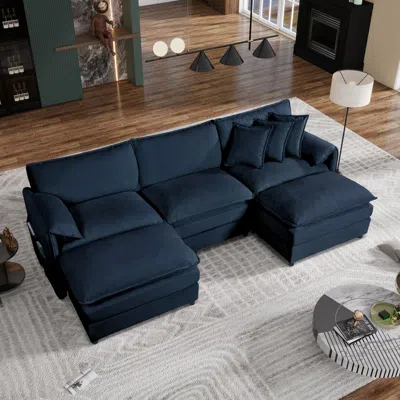 Streamdale Furniture Streamdale U Shaped Sectional Sofa With Ottomans - Chenille Blue