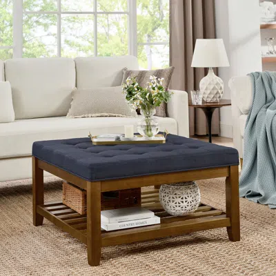 Streamdale Furniture Streamdale Upholstered Coffee Table Tufted Linen Large Square Ottoman With Beech Wood Shelf And Fram