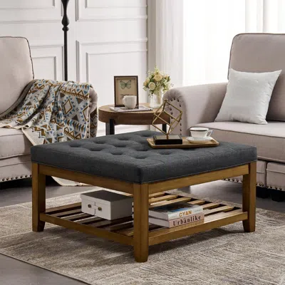 Streamdale Furniture Streamdale Upholstered Coffee Table Tufted Linen Large Square Ottoman With Beech Wood Shelf And Fram
