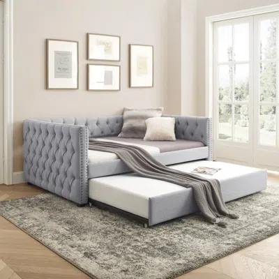 Streamdale Furniture Streamdale Upholstered Daybed With Trundle, Button And Copper Nail Detail