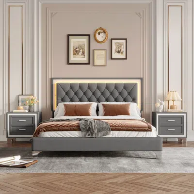 Streamdale Furniture Streamdale Upholstered Led Bed Set With 2 Nightstands