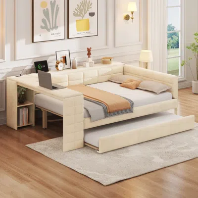 Streamdale Furniture Streamdale Upholstered Platform Bed With Storage, Desk, Trundle - Beige In Neutral