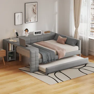 Streamdale Furniture Streamdale Upholstered Platform Bed With Storage, Desk, Trundle - Beige In Gray