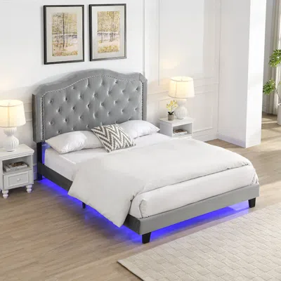 Streamdale Furniture Streamdale Upholstered Queen Bed Tufted Led Platform With Wood Slats