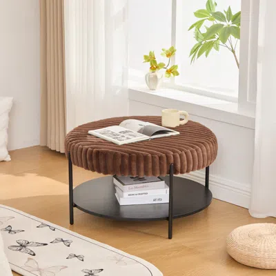 Streamdale Furniture Streamdale Upholstered Round Ottoman Coffee Table With Storage Shelf - Brown