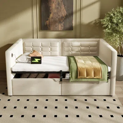 Streamdale Furniture Streamdale Upholstered Twin Daybed With Hydraulic Storage, Usb Charging, Tufted Back, Beige Velvet